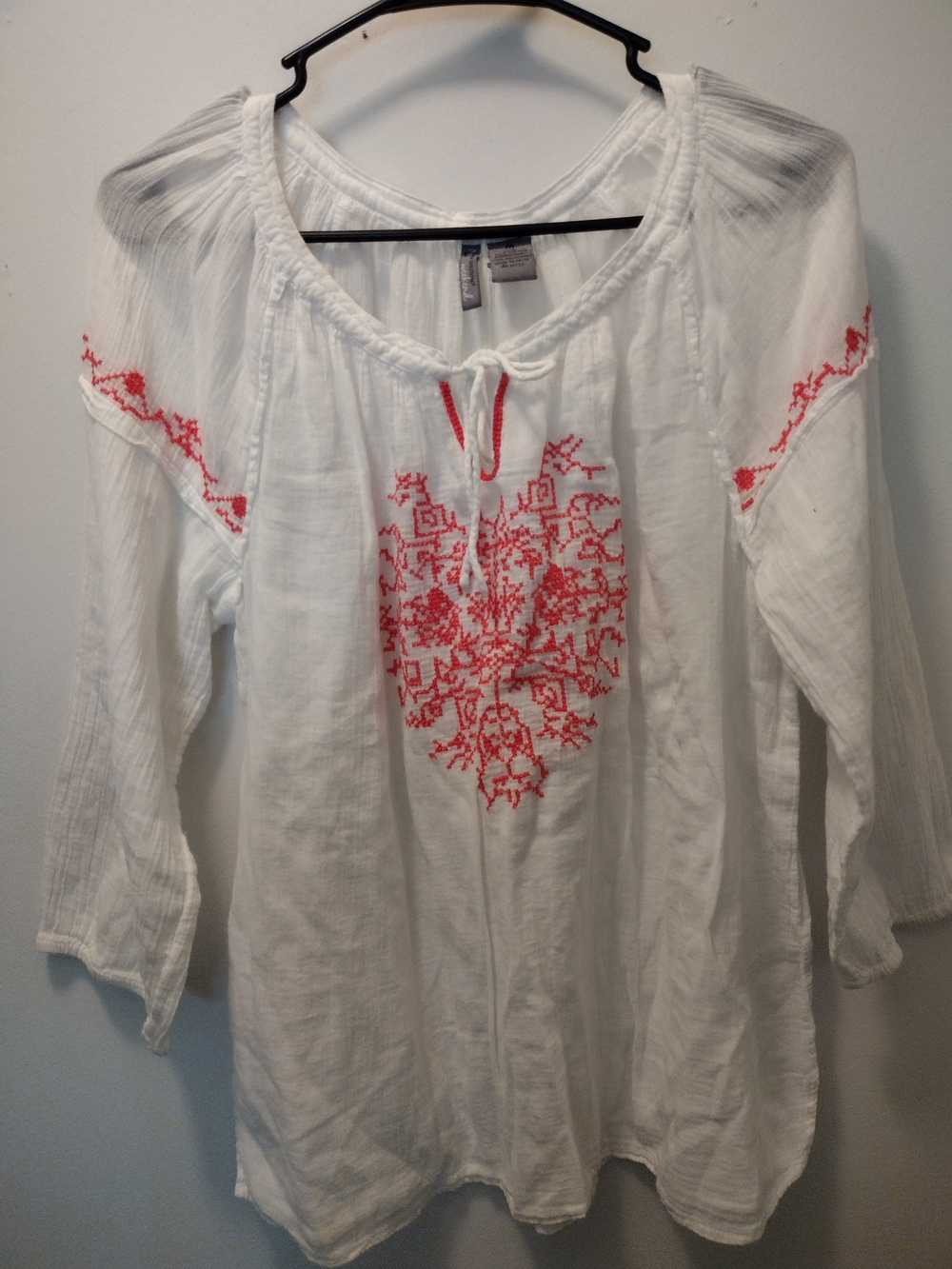 Weekend Society White Peasant Blouse with Red Embroidery